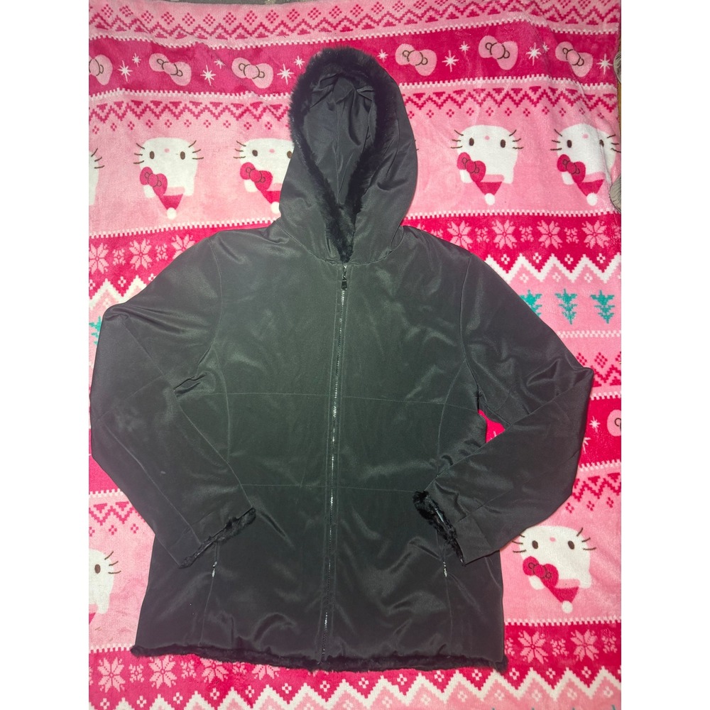 Marc New York Andrew Marc Womens Black Faux Fur Trim Hooded Puffer Jacket Coat M